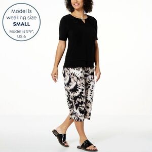 Nina Leonard Black Top and Cream Tie-Dye Capris Set